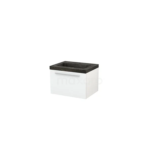 Modulo+ Bathroom furniture with sink | 60 cm High-gloss white Flat front Natural stone 1 drawer BMP001008 White bathroom cabinet with black top, compact design, ideal for storage in modern bathrooms.