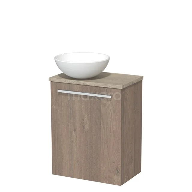 Toiletmeubel met waskom | 41 cm Middenbruin eiken Vlak front Mat wit Keramiek waskom Lichtgrijs eiken blad TMK10-03851