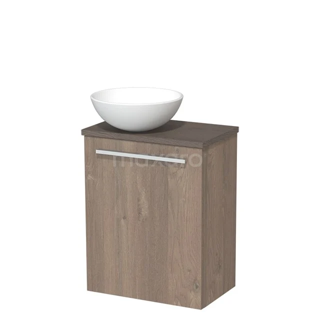 Toilet unit with wash basin | 41 cm Mid brown oak Flat front Matte white Ceramic countertop wash basin Dark brown oak worktop TMK10-03855