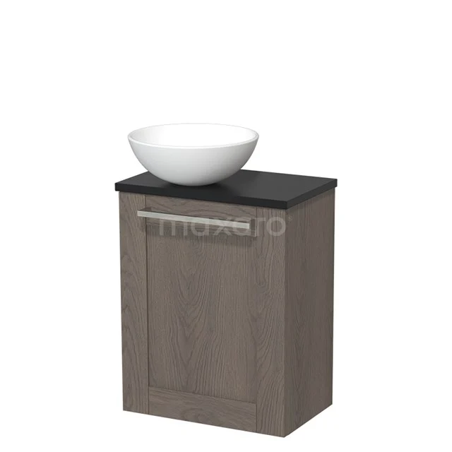 Hölzerner Badschrank mit grauer Platte und weißem Aufsatzwaschbecken, modernes Design mit metallischem Haltegriff, ideal für jeden Badezimmerstil.
