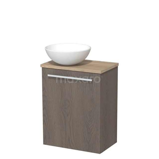 Holz Badschrank mit kompaktem Waschbecken, Eichenlook, modernem Design und metallischem Haltegriff, ideal für kleine Bäder.