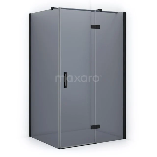 Matte black corner shower cabin with clear glass and compact design, ideal for a modern bathroom.