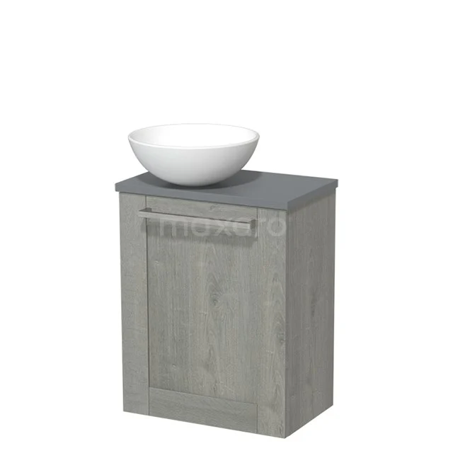 Toilet unit with wash basin | 41 cm Grey oak Frame Front Matte white Ceramic Countertop wash basin Mid grey worktop TMK10-03892 Grey wooden bathroom cabinet with a white round basin, ideal compact storage solution for modern bathrooms.