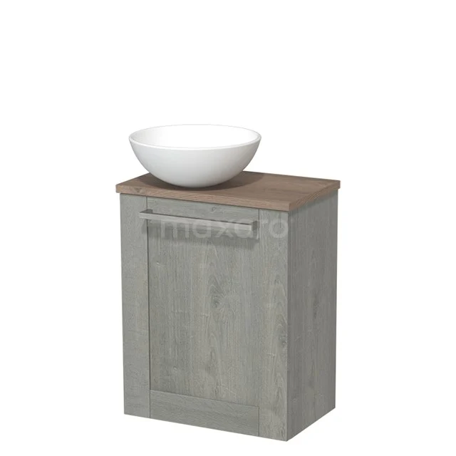 Grey wooden Bathroom cabinet with white ceramic basin, compact design ideal for small bathrooms.