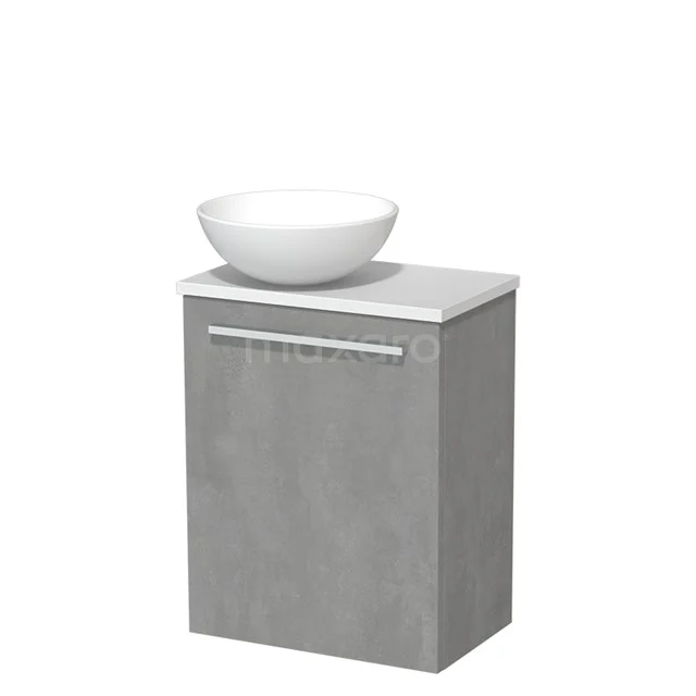 Grau Badmöbel mit Betonlook, weißer schalenförmiger Waschbecken und metallischem Griff, kompaktes Design ideal für moderne Bäder.