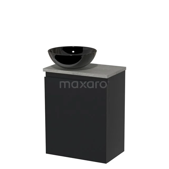 Toilet unit with countertop wash basin | 41 cm Matte black Handleless front High-gloss black Ceramic wash basin Grey oak worktop TMK10-03984