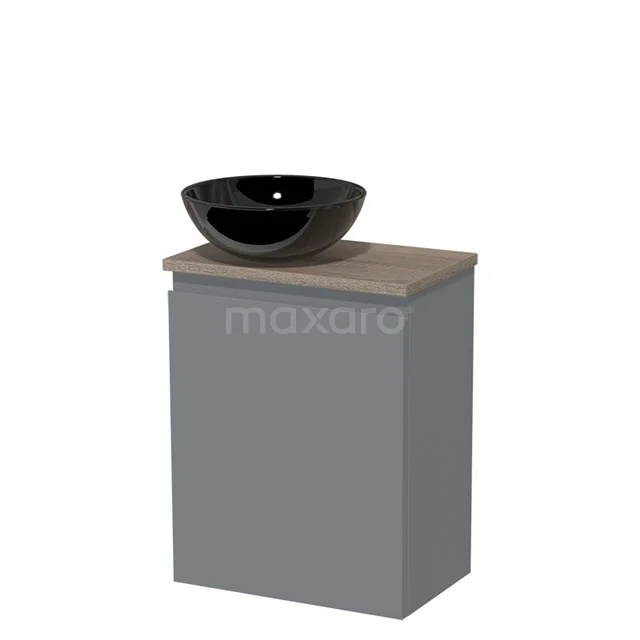 WC-Möbel mit Aufsatzwaschbecken | 41 cm Mittelgrau Grifflose Front Hochglanz Schwarz Keramik Aufsatzwaschbecken Eiche TMK10-04015 Grauer Badschrank mit schwarzem Steine Waschbecken, kompaktes Design und holzfarbener Platte, ideal für moderne Badezimmergestaltung.