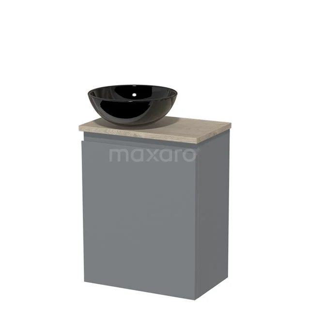 Toilet unit with countertop wash basin | 41 cm Mid grey Handleless front High-gloss black Ceramic basin Light grey oak worktop TMK10-04019