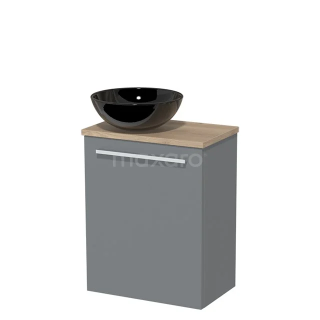 Toilet unit with countertop wash basin | 41 cm Mid grey Flat front High-gloss black Ceramic basin Light brown oak worktop TMK10-04021