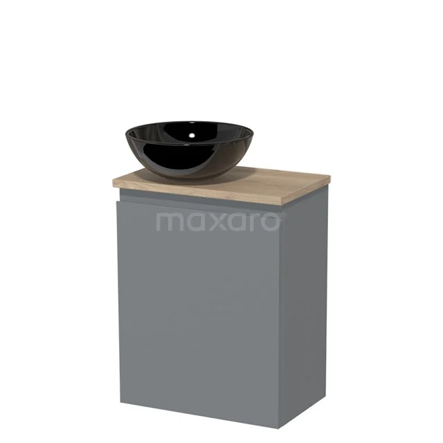 Toilet unit with countertop wash basin | 41 cm Mid grey Handleless front High-gloss black Ceramic basin Light brown oak worktop TMK10-04023