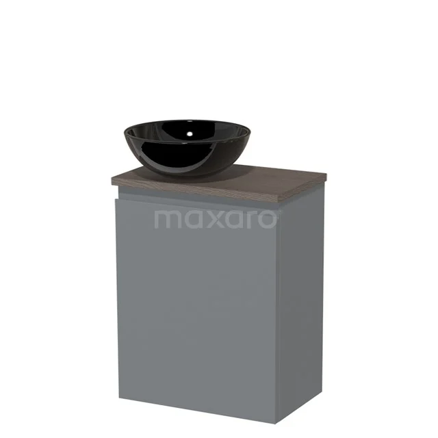 Toilet unit with countertop wash basin | 41 cm Mid grey Handleless front High-gloss black Ceramic wash basin Dark brown oak worktop TMK10-04032