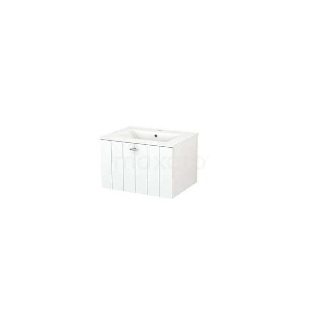 Modulo+ Vanity units with basin | 60 cm Matte white Slat front Ceramic 1 drawer BMP001047 White bathroom cabinet with double door, compact shape, ideal for storage space in modern bathroom interiors.