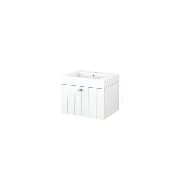White wooden bathroom unit with integrated vanity units with basin, featuring drawers with horizontal slat structure, compact design.