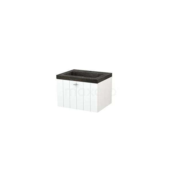 White wooden bathroom storage cabinet with black plastic lid, compact design for modern bathroom areas.