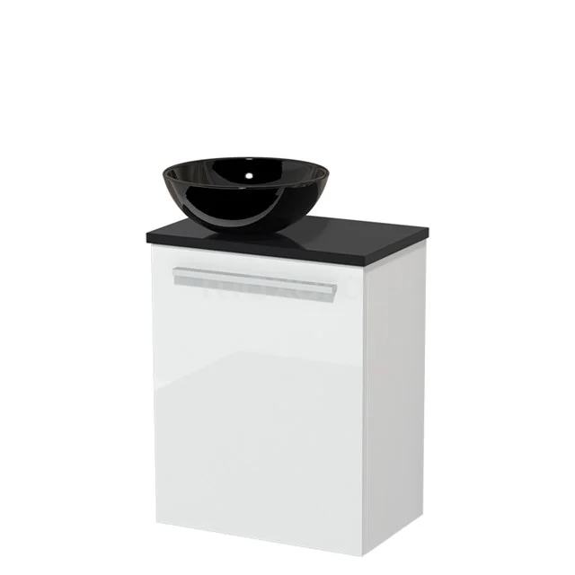 White bathroom unit with black ceramic countertop wash basin, modern designer cabinet with handle and glossy finish.