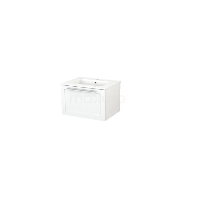 Modulo+ Vanity units with basin | 60 cm Matte white Frame front Ceramic 1 drawer BMP001054 White bathroom unit with drawers, compact design, high-gloss finish, ideal for small bathrooms.