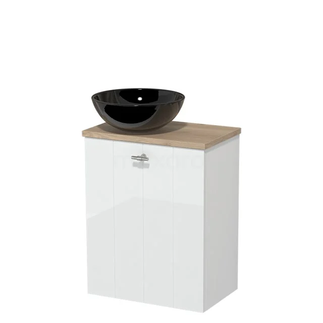 Toiletmeubel met waskom | 41 cm Hoogglans wit Lamel front Hoogglans zwart Keramiek waskom Lichtbruin eiken blad TMK10-04074