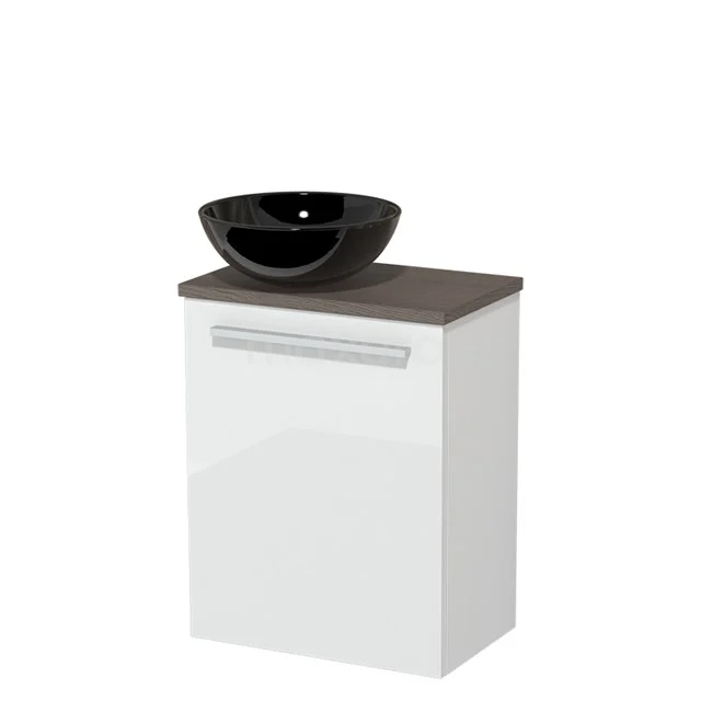 Toilet unit with wash basin | 41 cm Flat front High-gloss white High-gloss black Ceramic Countertop wash basin Dark brown oak worktop TMK10-04081