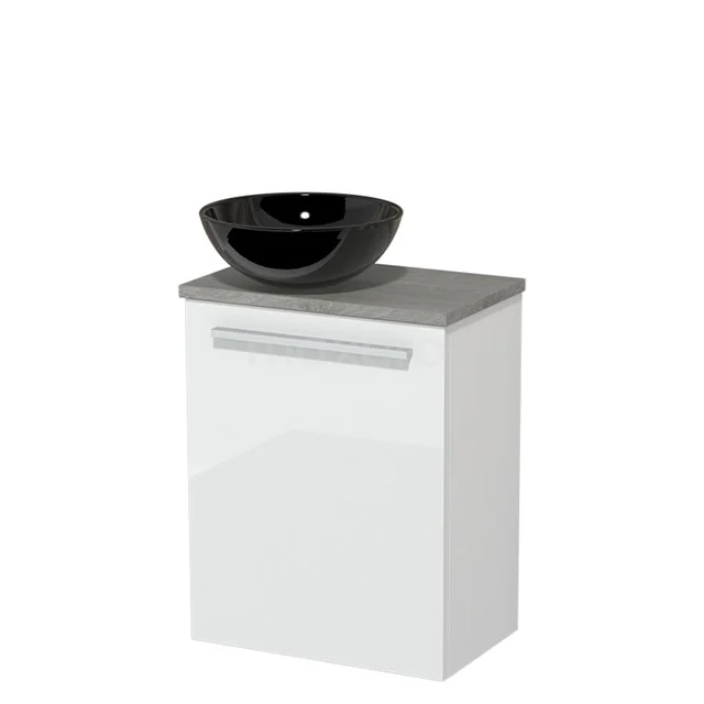 Toilet unit with countertop wash basin | 41 cm Flat front High-gloss white High-gloss black Ceramic countertop wash basin Grey oak worktop TMK10-04085