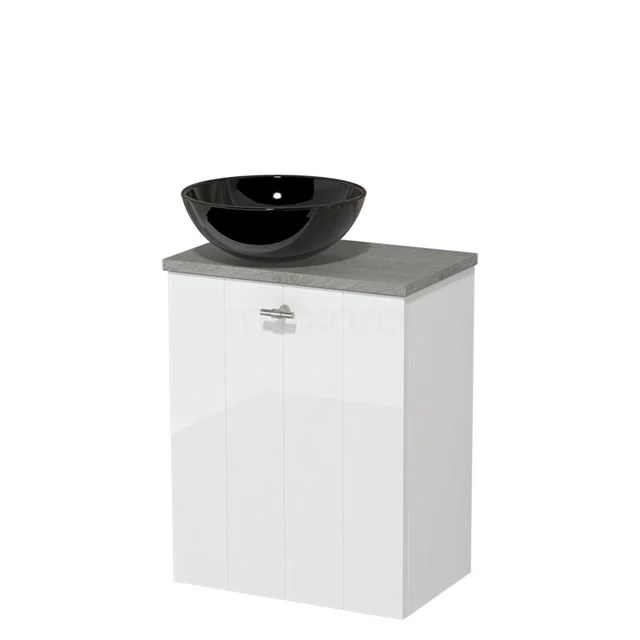 Toilet unit with countertop wash basin | 41 cm High-gloss white Lamel front High-gloss black Ceramic worktop Grey oak worktop TMK10-04086
