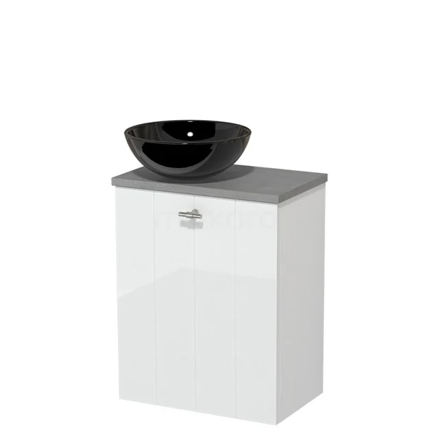 Toiletmeubel met waskom | 41 cm Hoogglans wit Lamel front Hoogglans zwart Keramiek waskom Lichtgrijs beton blad TMK10-04090