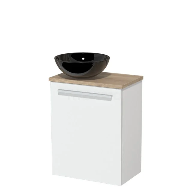 Toilet unit with countertop wash basin | 41 cm Matte white Flat front High-gloss black Ceramic basin Light brown oak worktop TMK10-04125