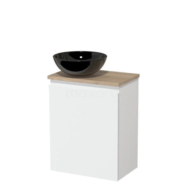 Toiletmeubel met waskom | 41 cm Mat wit Greeploos front Hoogglans zwart Keramiek waskom Lichtbruin eiken blad TMK10-04127