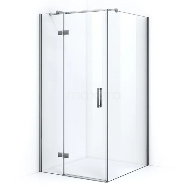 Glasene Eck-Duschkabine mit Schiebetür, klare Edelstahl-Details und minimalistisches Design, perfekt für moderne Bäder.