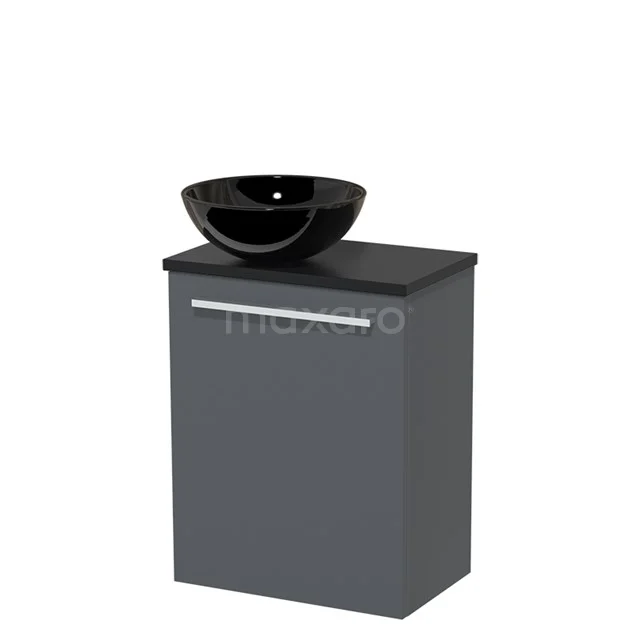 WC-Möbel mit Aufsatzwaschbecken | 41 cm Dunkelgrau Glatte Front Hochglanz Schwarz Keramik-Aufsatzwaschbecken Matt Schwarz Platte TMK10-04149 Grauer Badschrank mit schwarzem Waschbecken, kompaktes Design, ideal für moderne Bäder.