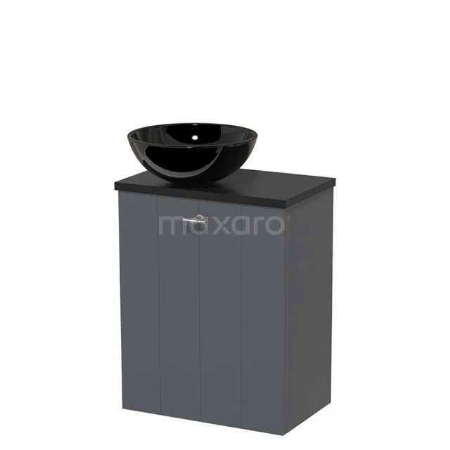 Toiletmeubel met waskom | 41 cm Donkergrijs Lamel front Hoogglans zwart Keramiek waskom Mat zwart blad TMK10-04150