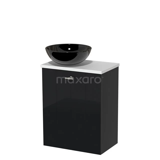 Toilet unit with countertop wash basin | 41 cm High-gloss black Lamel front High-gloss black Ceramic wash basin Matte white worktop TMK10-04214 Black bathroom unit with glossy cabinet, white top plate and ceramic black countertop wash basin; modern and stylish design.