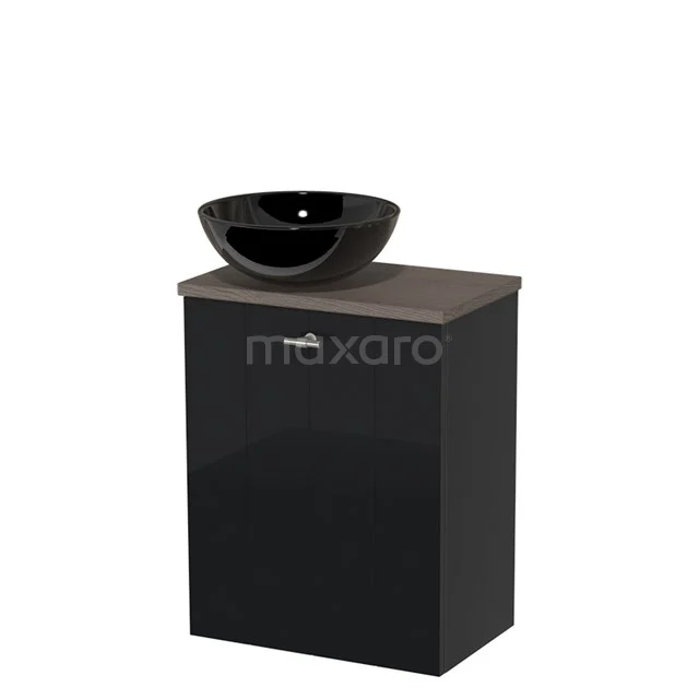 Black glossy bathroom unit with wooden worktop and oval vanity units for countertop wash basin, ideal for modern bathrooms.