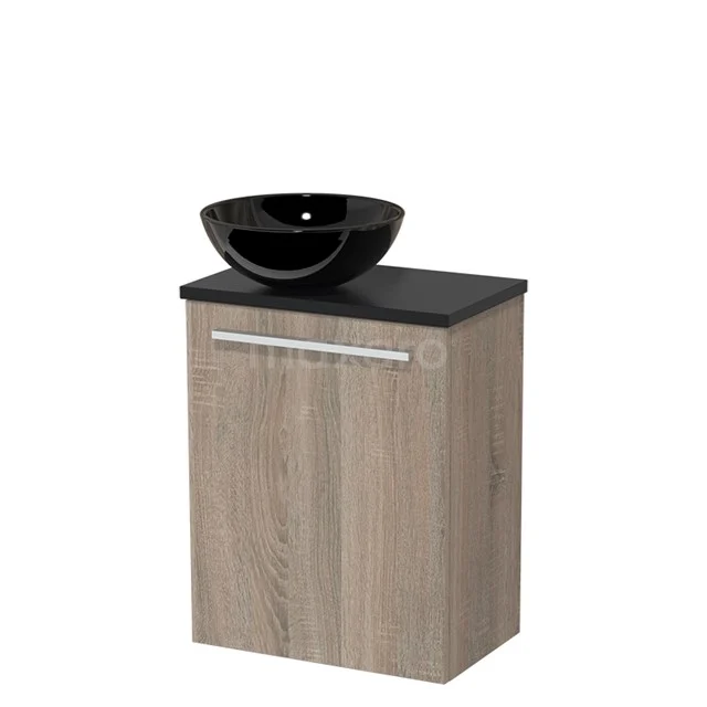 WC-Möbel mit Aufsatzwaschbecken | 41 cm Eiche Glatte Front Hochglanz Schwarz Keramik-Aufsatzwaschbecken Matt Schwarz Platte TMK10-04253 Holz Badezimmermöbel mit Schwarz Waschbecken, modernes Design, kompaktes Format, ideal für ein stilvolles Badezimmerupgrade.