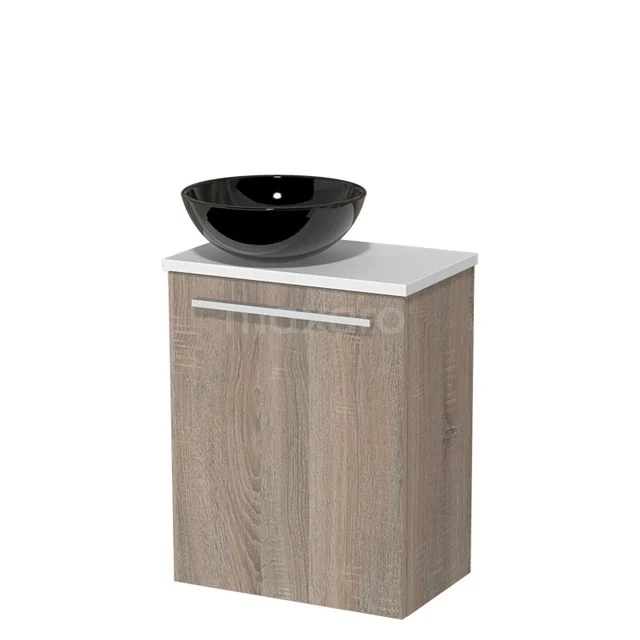 WC-Möbel mit Aufsatzwaschbecken | 41 cm Eiche Glatte Front Hochglanz Schwarz Keramik Aufsatzwaschbecken Matt Weiß Platte TMK10-04259 Holz Badschrank mit weißer Platte und schwarzem Aufsatzwaschbecken, modernes Design, ideal für stilvollen Stauraum im Badezimmer.