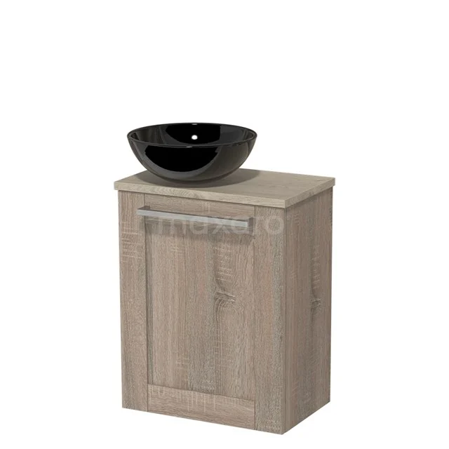 WC-Möbel mit Aufsatzwaschbecken | 41 cm Front Eiche Rahmen Hochglanz Schwarz Keramik-Aufsatzwaschbecken Hellgraue Eiche Platte TMK10-04266 Holz-Badschrank mit schwarzem Aufsatzwaschbecken, kompakte Designset, ideal für stilvolle und moderne Badezimmergestaltung.
