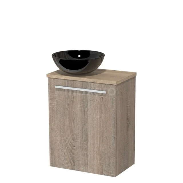 Toiletmeubel met waskom | 41 cm Eiken Vlak front Hoogglans zwart Keramiek waskom Lichtbruin eiken blad TMK10-04267