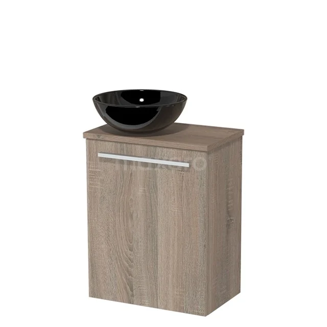 Toiletmeubel met waskom | 41 cm Eiken Vlak front Hoogglans zwart Keramiek waskom Middenbruin eiken blad TMK10-04269