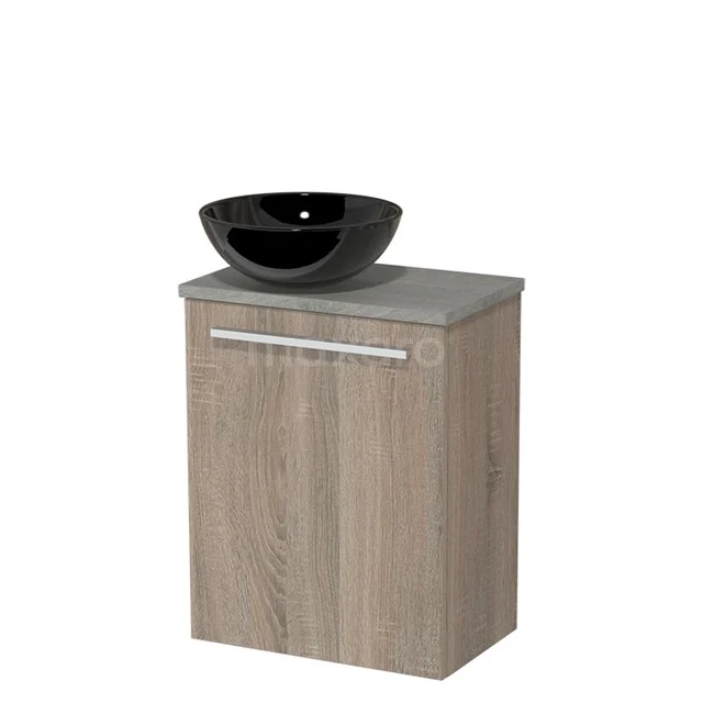 WC-Möbel mit Aufsatzwaschbecken | 41 cm Eiche Glatte Front Hochglanz Schwarz Keramik-Aufsatzwaschbecken Graue Eiche Platte TMK10-04273 Badezimmer Waschtisch Holzoptik mit schwarzem Aufsatzwaschbecken, modernes Design, matte Oberfläche, ideale kompakte Lösung für jedes Badezimmer.