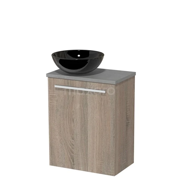 WC-Möbel mit Aufsatzwaschbecken | 41 cm Eiche glatte Front Hochglanz Schwarz Keramik-Aufsatzwaschbecken hellgrauer Beton Platte TMK10-04275 Holz-Badmöbel mit grauer Waschtischplatte und schwarzem Aufsatzwaschbecken, modernes Design, ideal für stilvolle Badezimmergestaltung.
