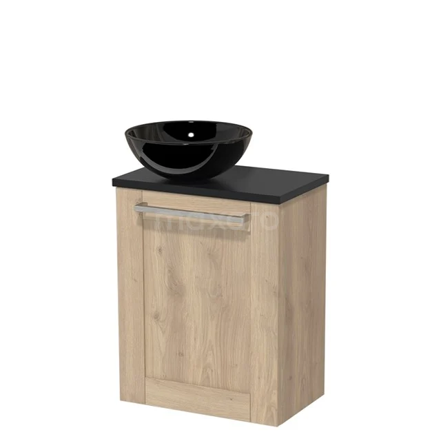 Toiletmeubel met waskom | 41 cm Lichtbruin eiken Kader front Hoogglans zwart Keramiek waskom Mat zwart blad TMK10-04306