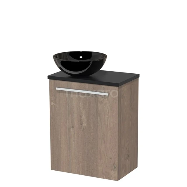 Toiletmeubel met waskom | 41 cm Middenbruin eiken Vlak front Hoogglans zwart Keramiek waskom Mat zwart blad TMK10-04331