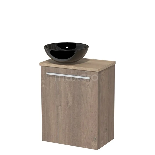 Toiletmeubel met waskom | 41 cm Middenbruin eiken Vlak front Hoogglans zwart Keramiek waskom Lichtbruin eiken blad TMK10-04347