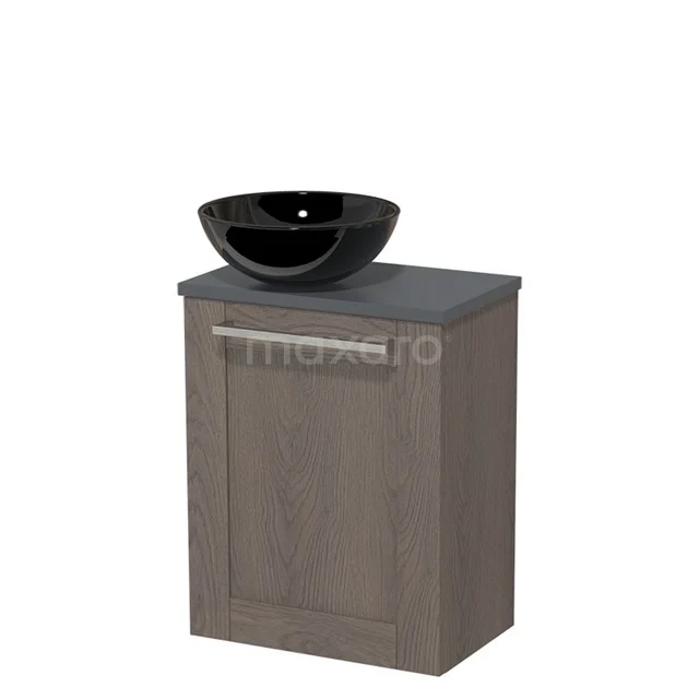 WC-Möbel mit Aufsatzwaschbecken | 41 cm Dunkelbraune Eiche Rahmenfront Hochglanz Schwarz Keramik-Aufsatzwaschbecken Dunkelgraue Platte TMK10-04366 Holz Badezimmermöbel mit grauem Waschbecken, kompakter Schrank aus dunkler Eiche, ideal für ein modernes Badezimmer.