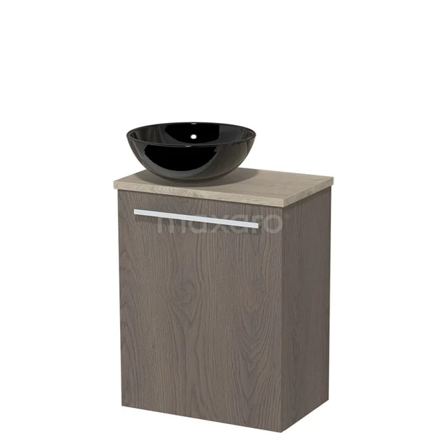 WC-Möbel mit Aufsatzwaschbecken | 41 cm Dunkelbraune Eiche Glatte Front Hochglanz Schwarz Aufsatzwaschbecken aus Keramik Hellgraue Eiche Platte TMK10-04371 Kompakte Holz-Waschtisch mit Schwarz Aufsatzwaschbecken, modernes Design ideal für kleine Bäder.