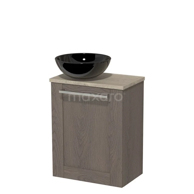 Toilet unit with countertop wash basin | 41 cm Dark brown oak Front High-gloss black Ceramic basin Light grey oak worktop TMK10-04372