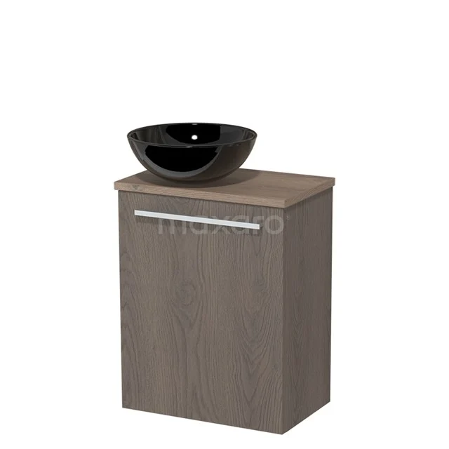 Toiletmeubel met waskom | 41 cm Donkerbruin eiken Vlak front Hoogglans zwart Keramiek waskom Middenbruin eiken blad TMK10-04375