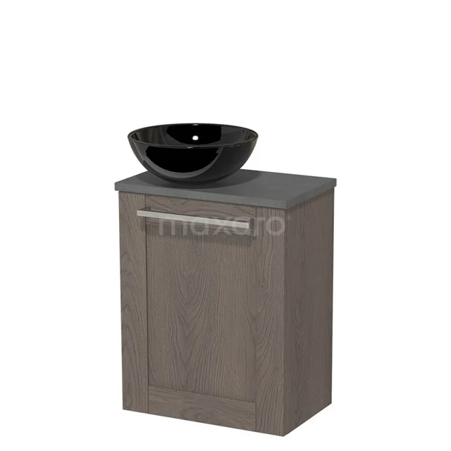 WC-Möbel mit Aufsatzwaschbecken | 41 cm Dunkelbraune Eiche Rahmen Front Hochglanz Schwarz Keramik Aufsatzwaschbecken Dunkelgrauer Beton Platte TMK10-04382 Holz-Badmöbel mit anthrazitgrauer Waschtischplatte und schwarzem rundem Aufsatzwaschbecken, kompaktes Design für stilvolle Bäder.
