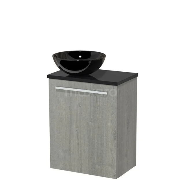 Grey wooden bathroom unit with black vanity units for countertop wash basin, sleek design, ideal for modern bathrooms.