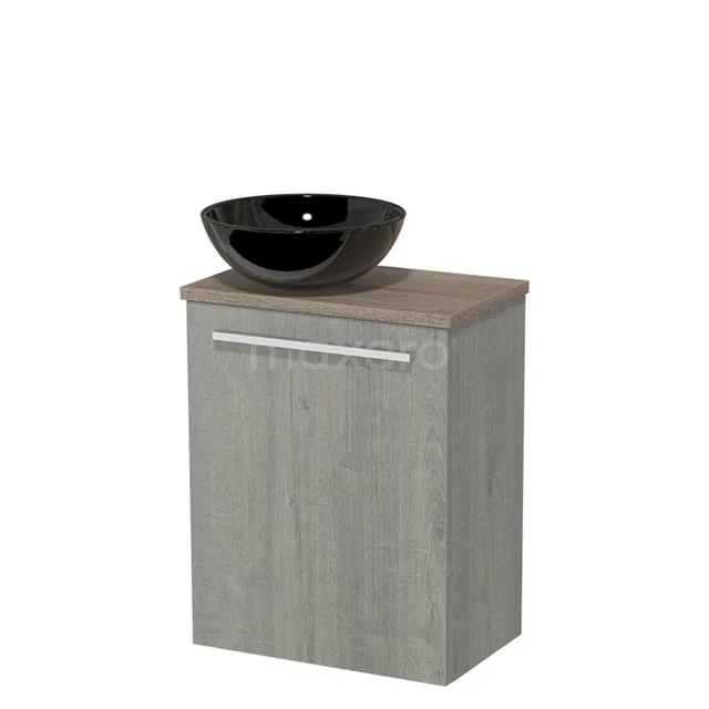 WC-Möbel mit Aufsatzwaschbecken | 41 cm Graue Eiche Glatte Front Hochglanz Schwarz Keramik Aufsatzwaschbecken Eiche Platte TMK10-04395 Badschrank graue Eiche mit schwarzem Aufsatzwaschbecken, straffe Ausstrahlung, ideal für moderne Bäder.