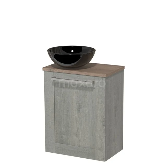 Toilet unit with countertop wash basin | 41 cm Grey oak Front High-gloss black Ceramic basin Mid brown oak worktop TMK10-04402 Bathroom unit wood-look with black ceramic countertop wash basin, compact shape, ideal for small bathrooms.